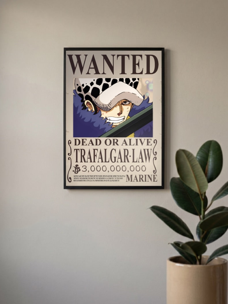 Trafalgar Law Wanted Anime Poster in a black frame, mounted on a wall