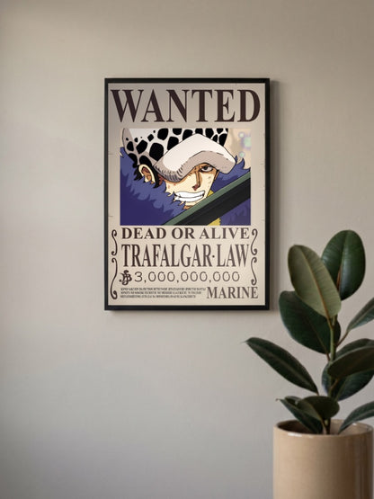 Trafalgar Law Wanted Anime Poster in a black frame, mounted on a wall