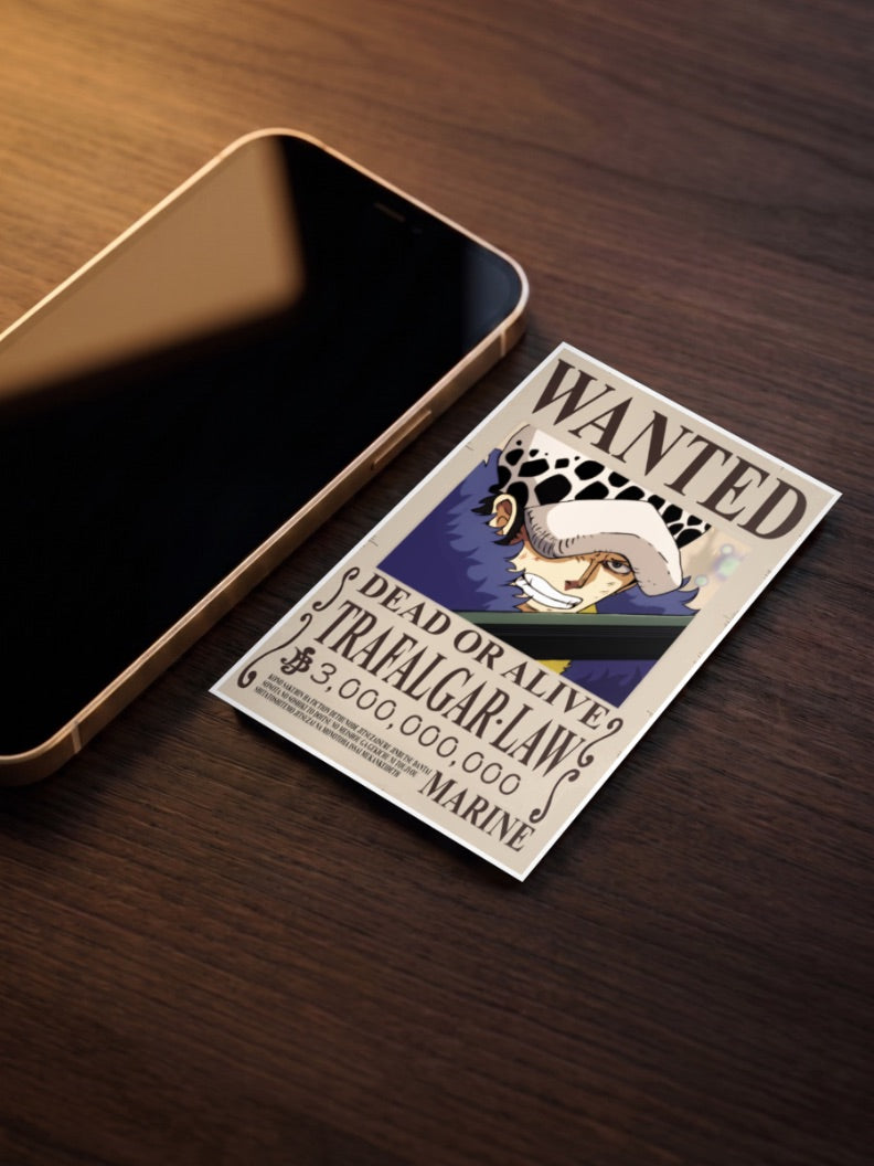 Trafalgar Law Wanted Anime Poster as a pocket poster, sized to fit behind a phone case