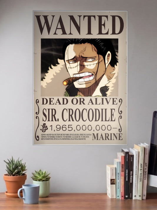 Sir Crocodile Wanted Anime Poster shown in A3 size on a wall above a study desk
