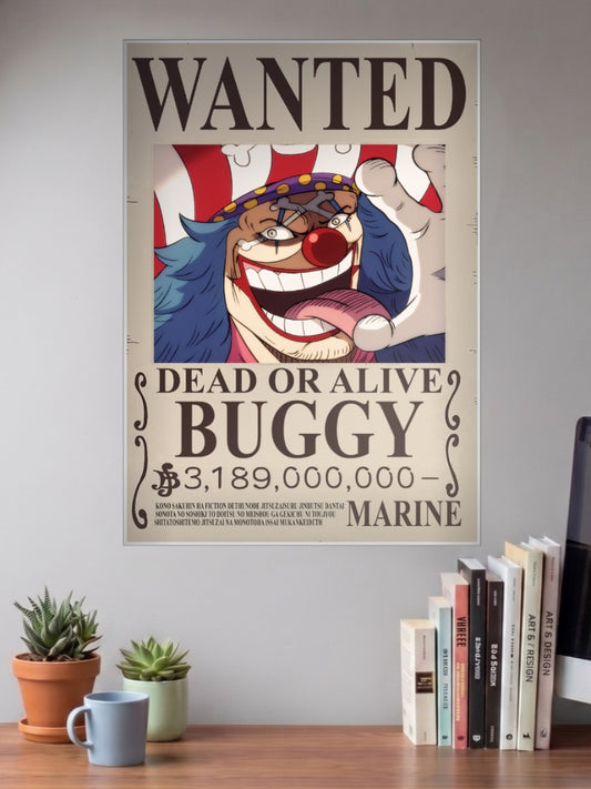 Buggy Wanted Anime Poster shown in A3 size on a wall above a study desk