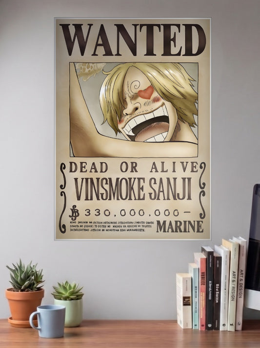 Black Leg Sanji Wanted Anime Poster shown in A3 size on a wall above a study desk