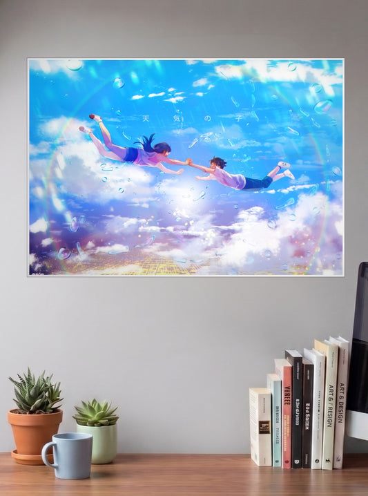 Weathering With You Anime Poster shown in A3 size on a wall above a study desk