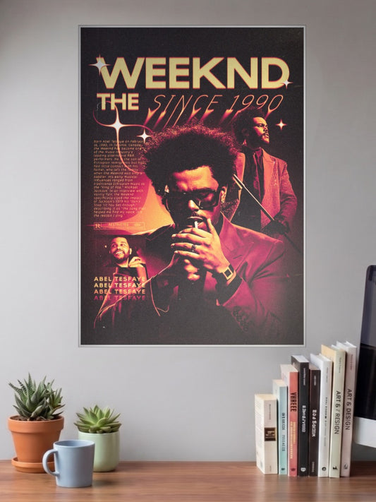 The Weeknd Since 1990 Singers Poster shown in A3 size on a wall above a study desk
