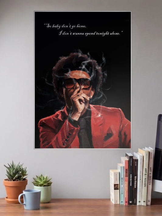 The Weeknd After Hours Singers Poster shown in A3 size on a wall above a study desk