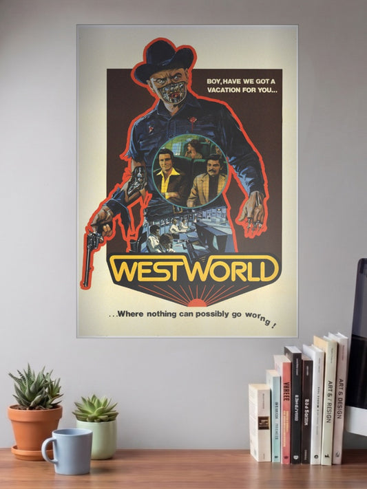 Westworld 1973 Hollywood Movie Poster shown in A3 size on a wall above a study desk