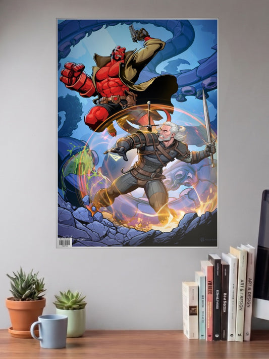 Witcher Hellboy Crossover Comic Book Poster shown in A3 size on a wall above a study desk