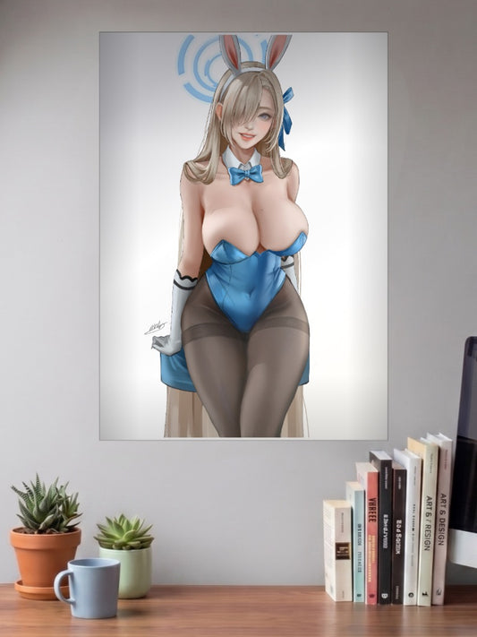 Anime Bunny Girl Character Art Anime Poster shown in A3 size on a wall above a study desk