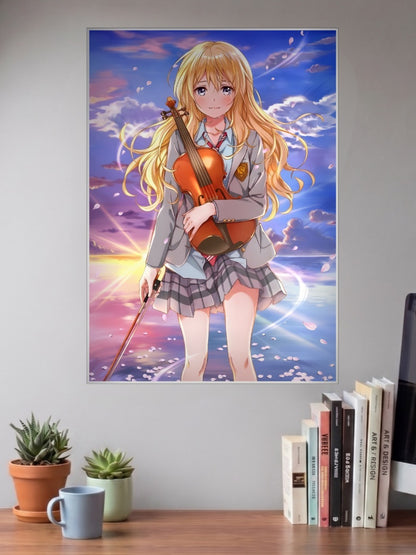 Kaori Violin Sunset Portrait Anime Poster