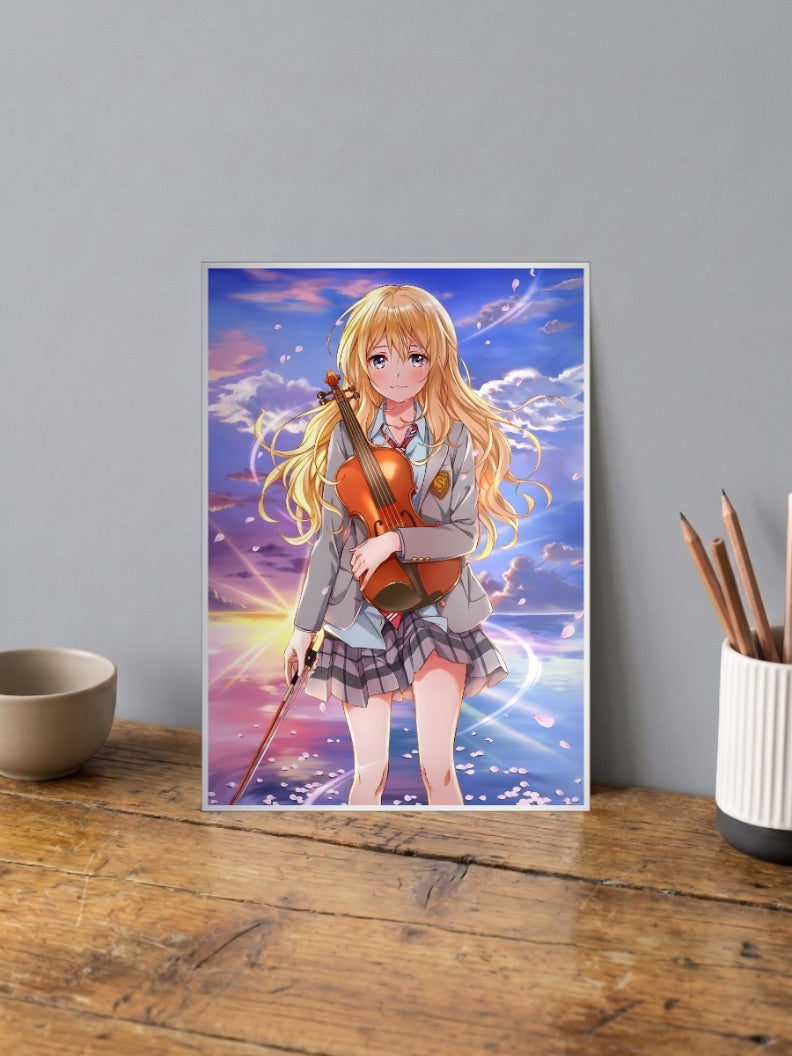 Kaori Violin Sunset Portrait Anime Poster