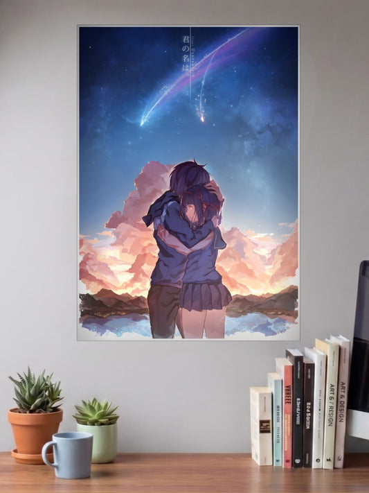 Taki Mitsuha Comet Embrace Anime Poster shown in A3 size on a wall above a study desk