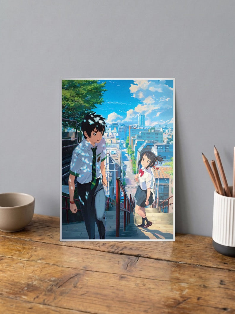 Taki Mitsuha City Stairs Scene Anime Poster