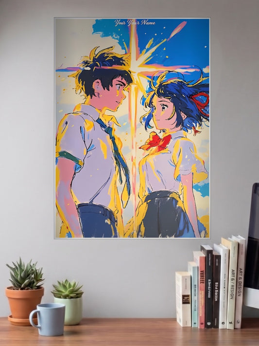Your Name Pop Art Comet Anime Poster shown in A3 size on a wall above a study desk