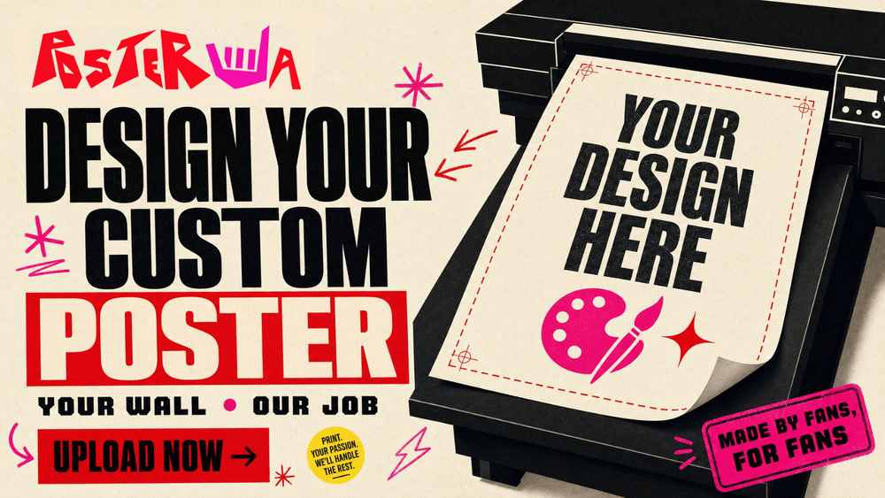 Promotional graphic for a poster design service with text and graphics on a beige background.